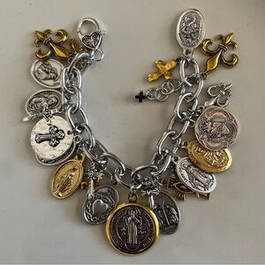 SOLD Catholic Saints and Crosses Charm Bracelet: St. Benedict, Silver and gold